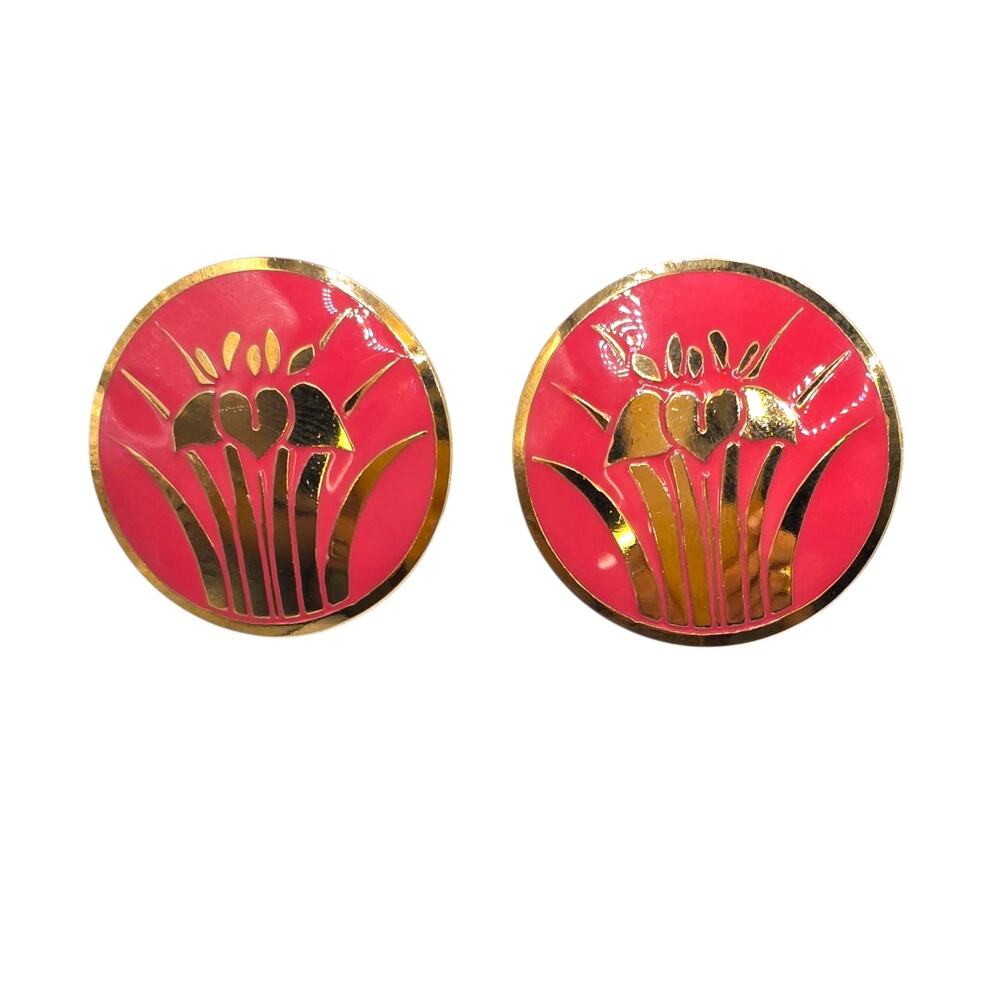 Vintage Earrings Lily Leaf Plant Floral Iris Flower Gold Tone Round Shape Retro